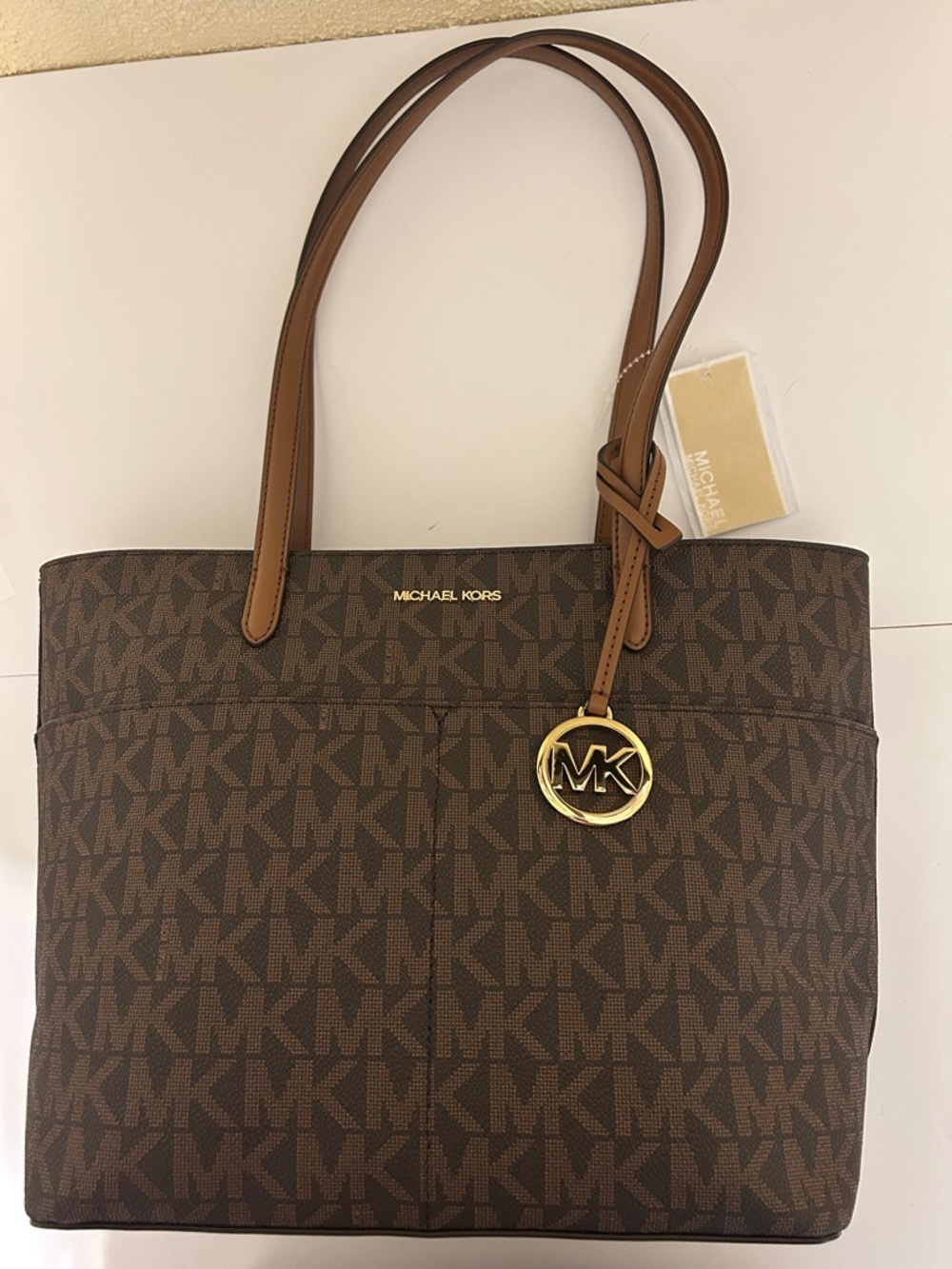 Michael Kors Brown Signature Tote Bag with Gold Logo Charm